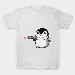 Funny Penguin with Pistol and Hearts T-Shirt